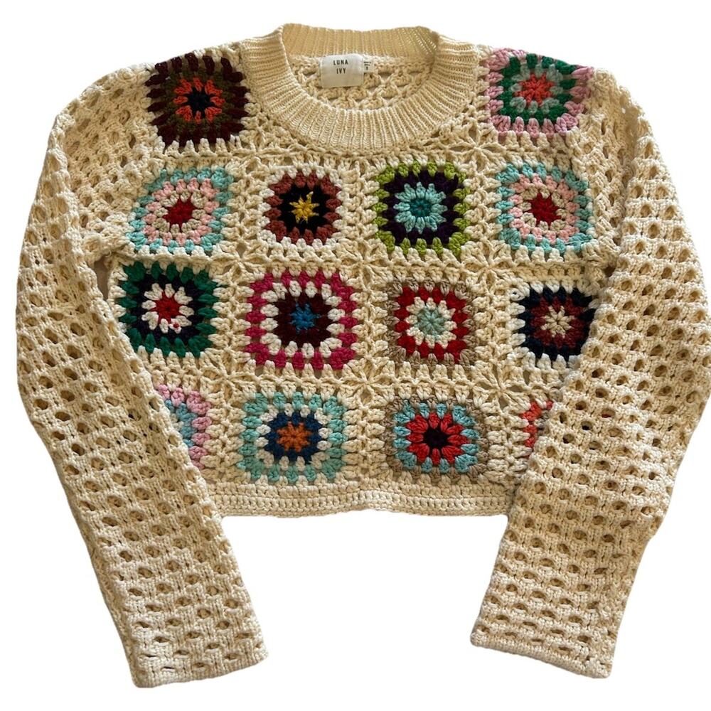Luna Ivy‎ Crochet Cropped Sweater Colorful Granny Square Knit Pullover Top small